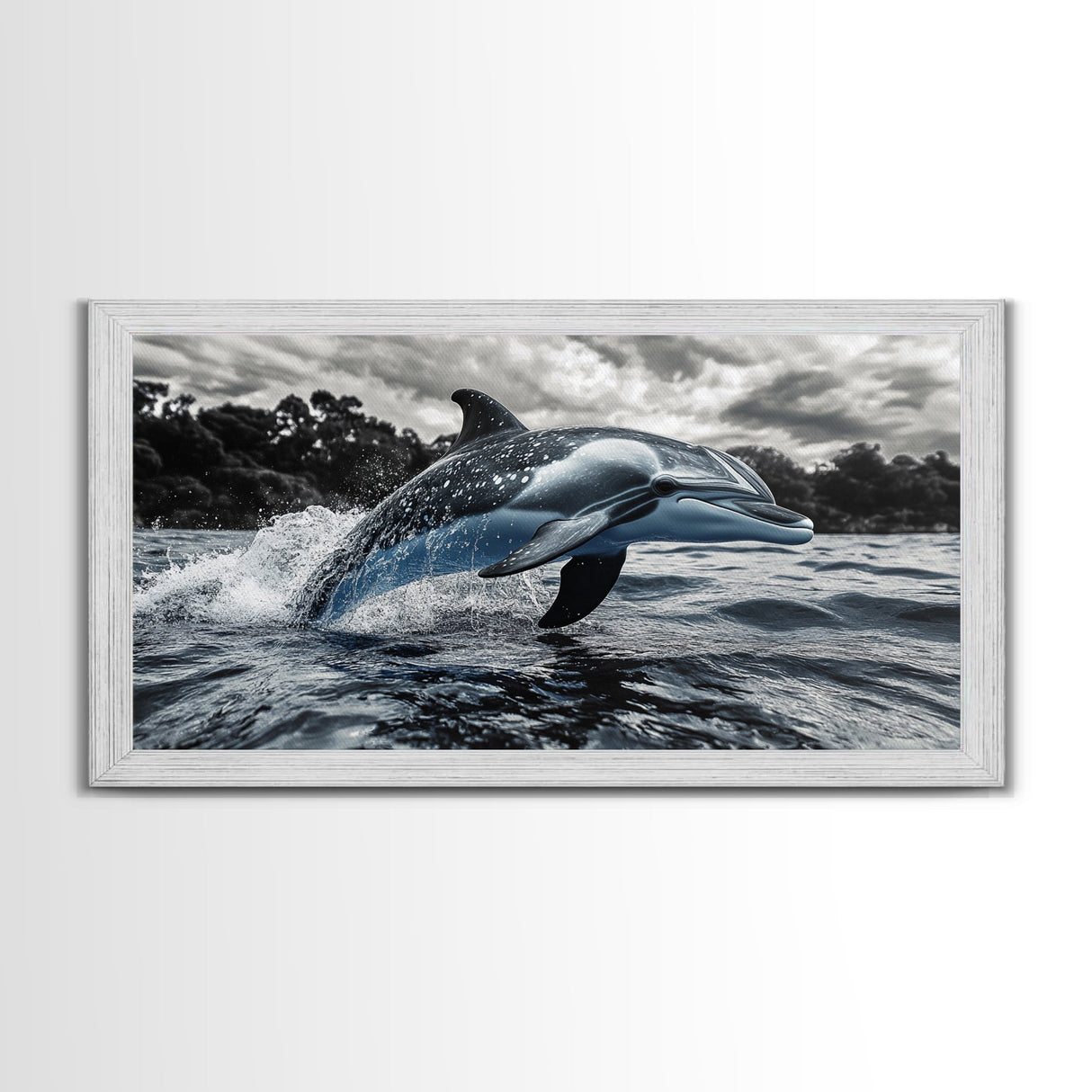 Jumping Dolphin, Ocean Splash, Monochrome Water, Framed Canvas Print, Coastal Wall Art, Bathroom Nautical Decor, Marine Life Photography