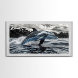 Jumping Dolphin, Ocean Splash, Monochrome Water, Framed Canvas Print, Coastal Wall Art, Bathroom Nautical Decor, Marine Life Photography