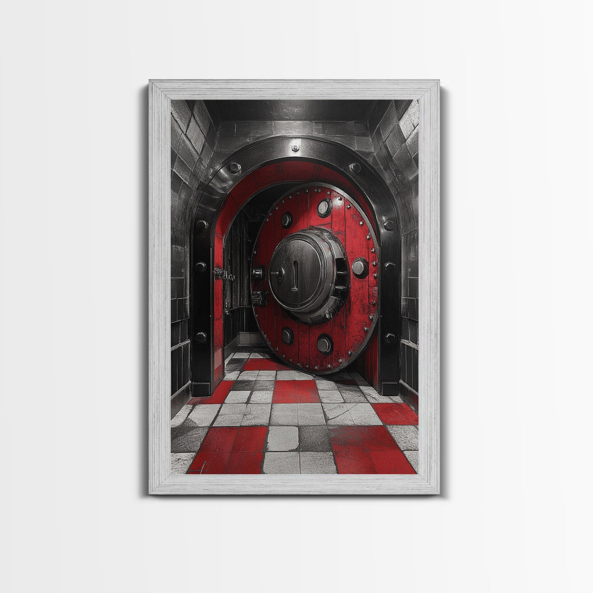 Red Vault Door, Industrial Style, Bold Security, Framed Canvas Print, Urban Interior Wall Art, Game Room Decor, Steampunk Vibes