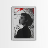 Noir Beauty, Red Accent Leaves, Dramatic Woman Profile, Framed Canvas Print, Glamour Wall Art, Gothic Bedroom Decor, Monochrome Style
