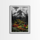 Mountain Flowers, Nature Trail, Alpine Beauty, Evergreen Path, Framed Canvas Print, Landscape Photography, Cabin Wall Art, Nature Decor