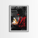 Red Jacket, Reading Firelight, Cozy Vibes, Stylish Man, Framed Canvas Print, Fall Wall Art, Office Decor, Modern Masculine Art