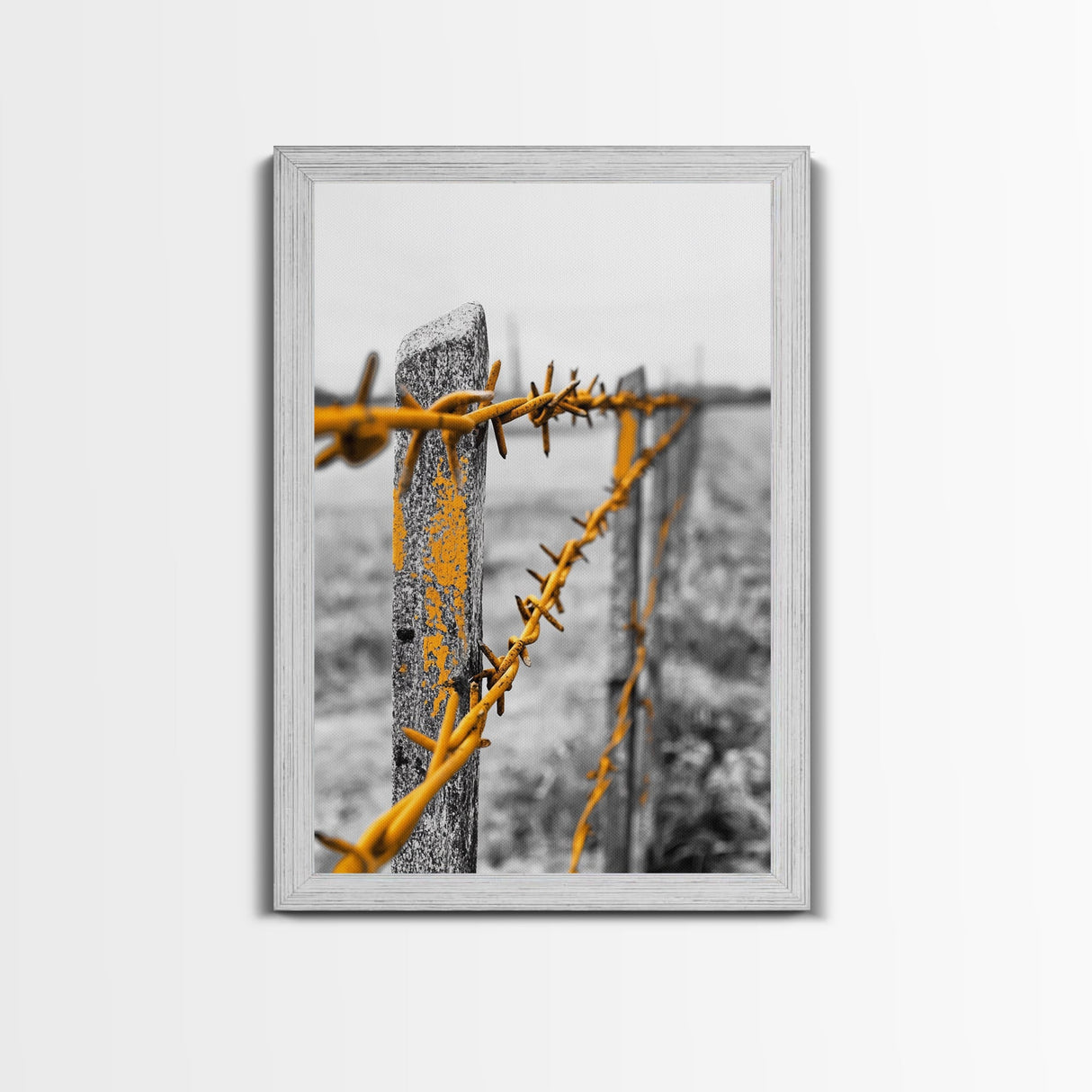 Yellow Fence Wire, Rustic Barbed Wire, Country Fence, Framed Canvas Print, Farmhouse Wall Art, Minimalist Rustic Home Decor