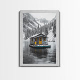 Winter Cabin, Floating House, Snowy Pines, Mountain Lake, Canvas Print, Minimalist Winter Wall Art, Cabin Decor, Neutral Nature Scene