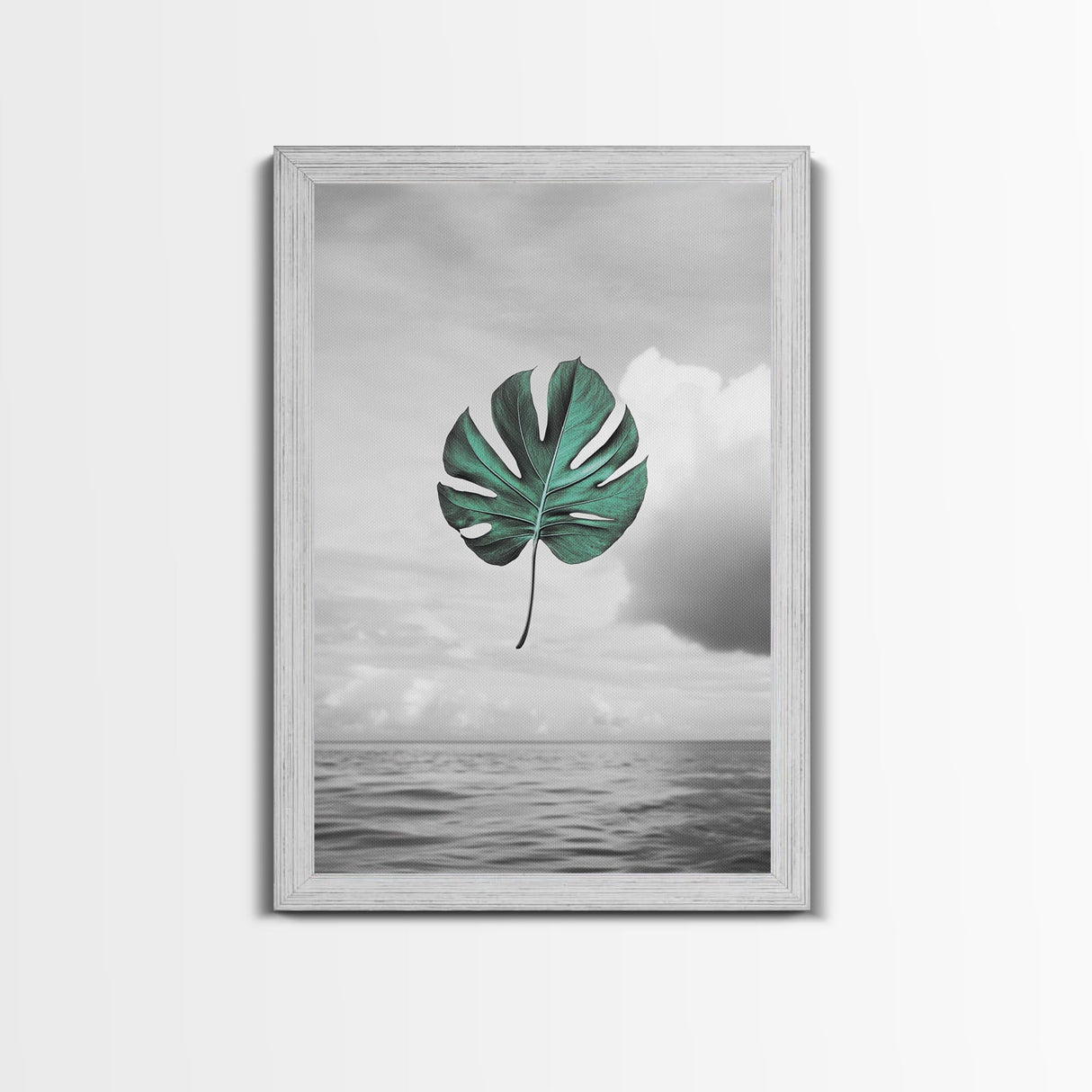 Monstera Leaf, Ocean Breeze, Tropical Minimalism, Floating Leaf, Framed Canvas Print, Modern Bathroom Art, Boho Decor, Tropical Wall Art