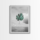 Monstera Leaf, Ocean Breeze, Tropical Minimalism, Floating Leaf, Framed Canvas Print, Modern Bathroom Art, Boho Decor, Tropical Wall Art