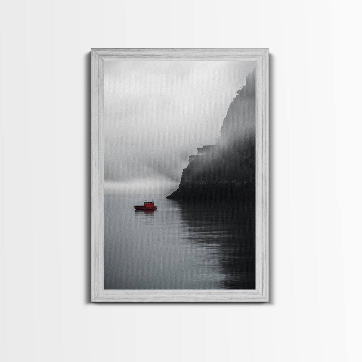 Red Boat, Foggy Coast, Seaside Cliff, Misty Water, Canvas Print, Moody Nautical Wall Art, Minimalist Ocean Decor, Scandinavian Style Art