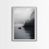 Red Boat, Foggy Coast, Seaside Cliff, Misty Water, Canvas Print, Moody Nautical Wall Art, Minimalist Ocean Decor, Scandinavian Style Art