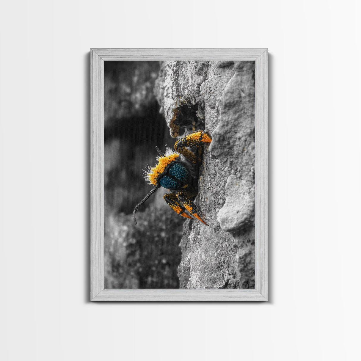 Fuzzy Bee Closeup, Insect Macro, Nature Texture, Framed Canvas Print, Wildlife Wall Art, Entomology Decor, Nature Photography