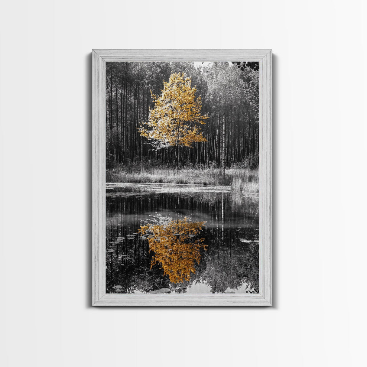 Golden Tree, Forest Reflection, Autumn Pond, Tranquil Waters, Canvas Print, Fall Nature Wall Art, Zen Bathroom Decor, Minimalist Art