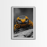 Lizard Close Up, Yellow and Black, Reptile Macro, Framed Canvas Print, Nature Photography, Animal Art, Man Cave Wall Art, Wildlife Decor