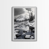Snowy Mountain, Winter Landscape, Reflection Lake, Canvas Print, Black and White Nature Art, Cabin Wall Art, Adventure Photography