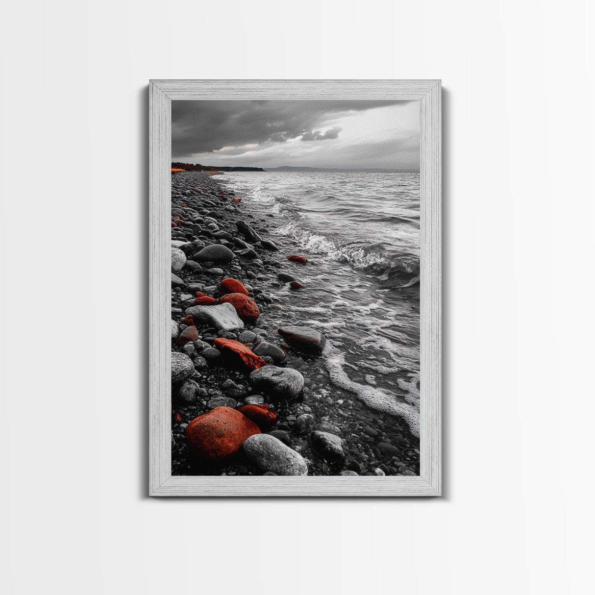 Red Shoreline, Bold Pebbles, Coastal Mood, Canvas Print, Nautical Wall Art, Moody Landscape, Black White Red Art, Nature Lover Gift