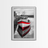 Red Fishing Boat, Harbor Calm, Nautical Charm, Canvas Print, Coastal Kitchen Wall Art, Maritime Theme, Seaside Decor, Rustic Water Scene
