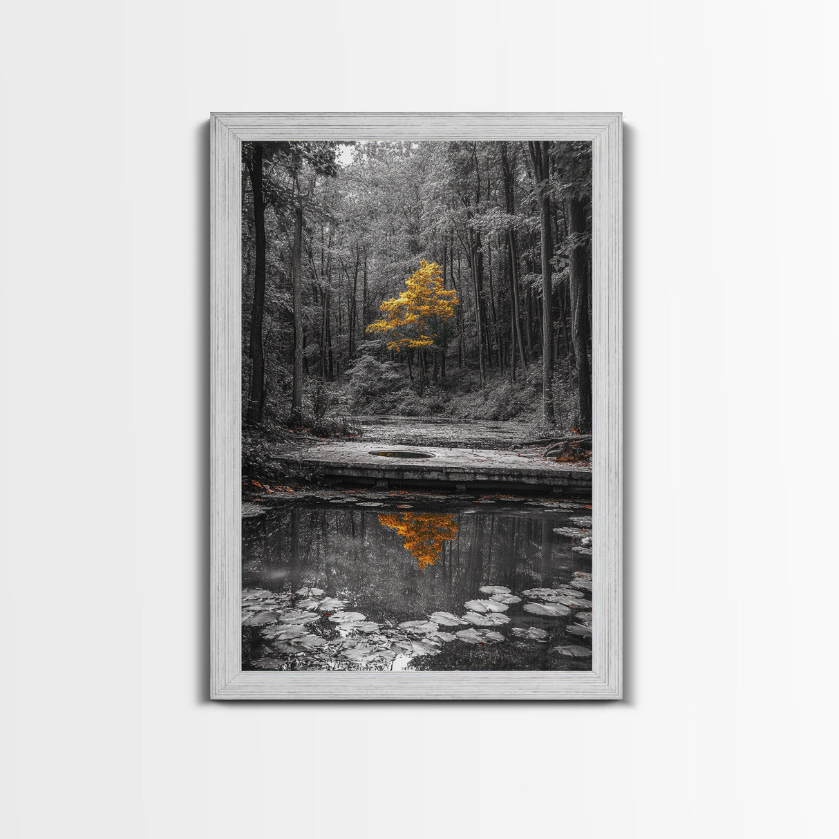 Lone Yellow Tree, Tranquil Pond, Forest Reflection, Canvas Print, Fall Nature Wall Art, Autumn Minimalist Decor, Peaceful Meditation Room