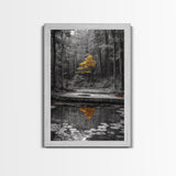 Lone Yellow Tree, Tranquil Pond, Forest Reflection, Canvas Print, Fall Nature Wall Art, Autumn Minimalist Decor, Peaceful Meditation Room