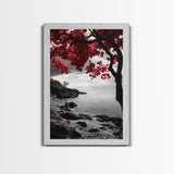 Red Leaves, Dramatic Coast, Ocean Horizon, Canvas Print, Autumn Coastal Wall Art, Bold Nature Photography, Moody Fall Decor, Beach Theme