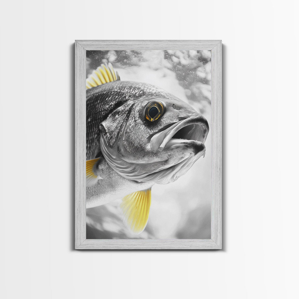 Golden Finned Fish, Underwater Wonder, Ocean Art, Framed Canvas Print, Coastal Wall Art, Bathroom Decor, Minimalist Marine Art