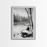 Winter Fishing, Snowy River, Peaceful Solitude, Canvas Print, Cabin Wall Art, Rustic Outdoor Decor, Black White Nature Photography