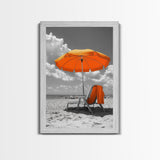Orange Umbrella Shade, Beach Chill Scene, Relax Spot, Framed Canvas Print, Summer Wall Art, Vacation Vibe Decor, Minimalist Beach Art