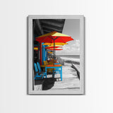 Seaside Café, Colorful Tables, Ocean Dining, Framed Canvas Print, Tropical Wall Art, Kitchen Decor, Bright Coastal Boho Style