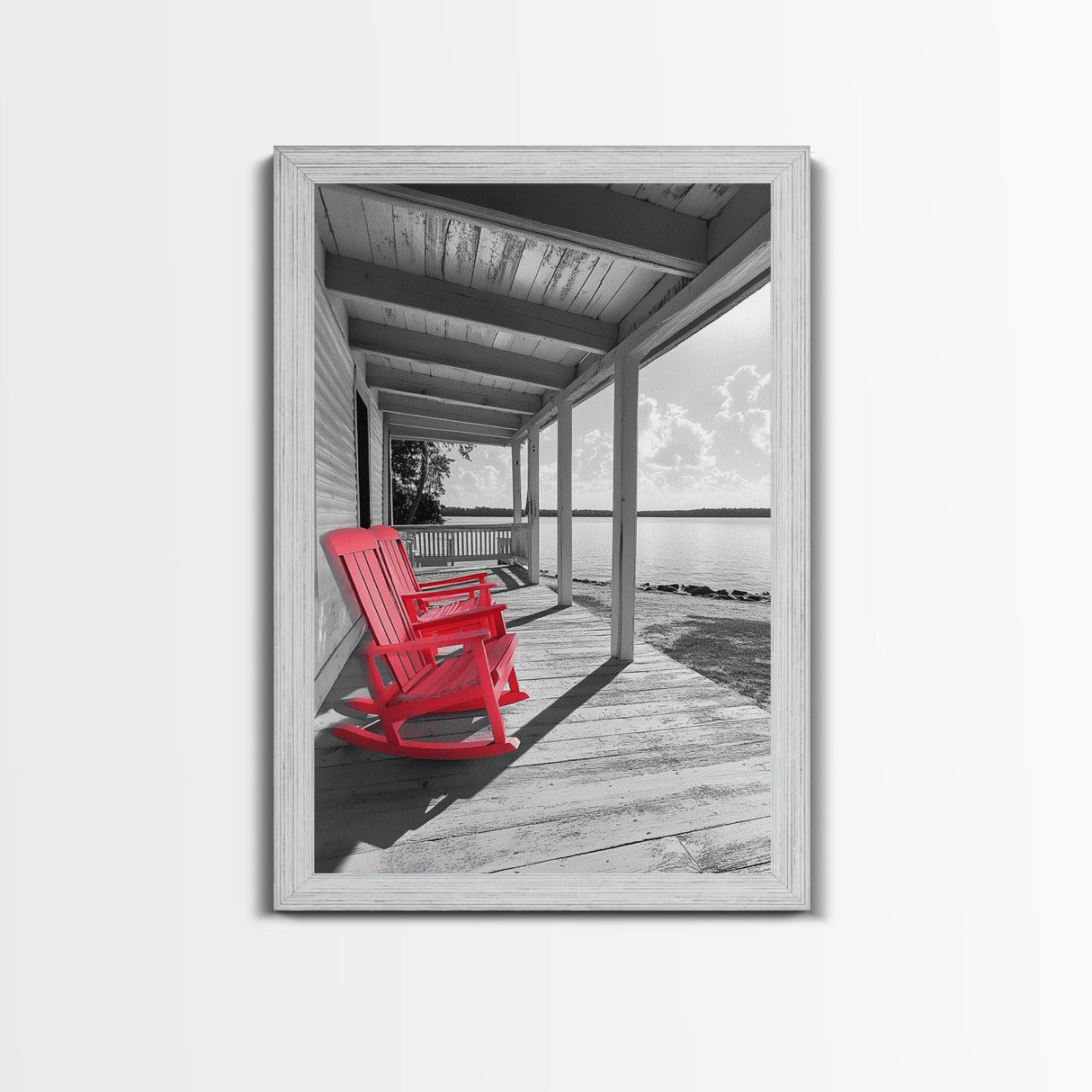 Red Porch Chairs, Lakeside Retreat, Cozy Country Morning, Framed Canvas Print, Farmhouse Decor, Rustic Living Room Wall Art, Peaceful Vibe
