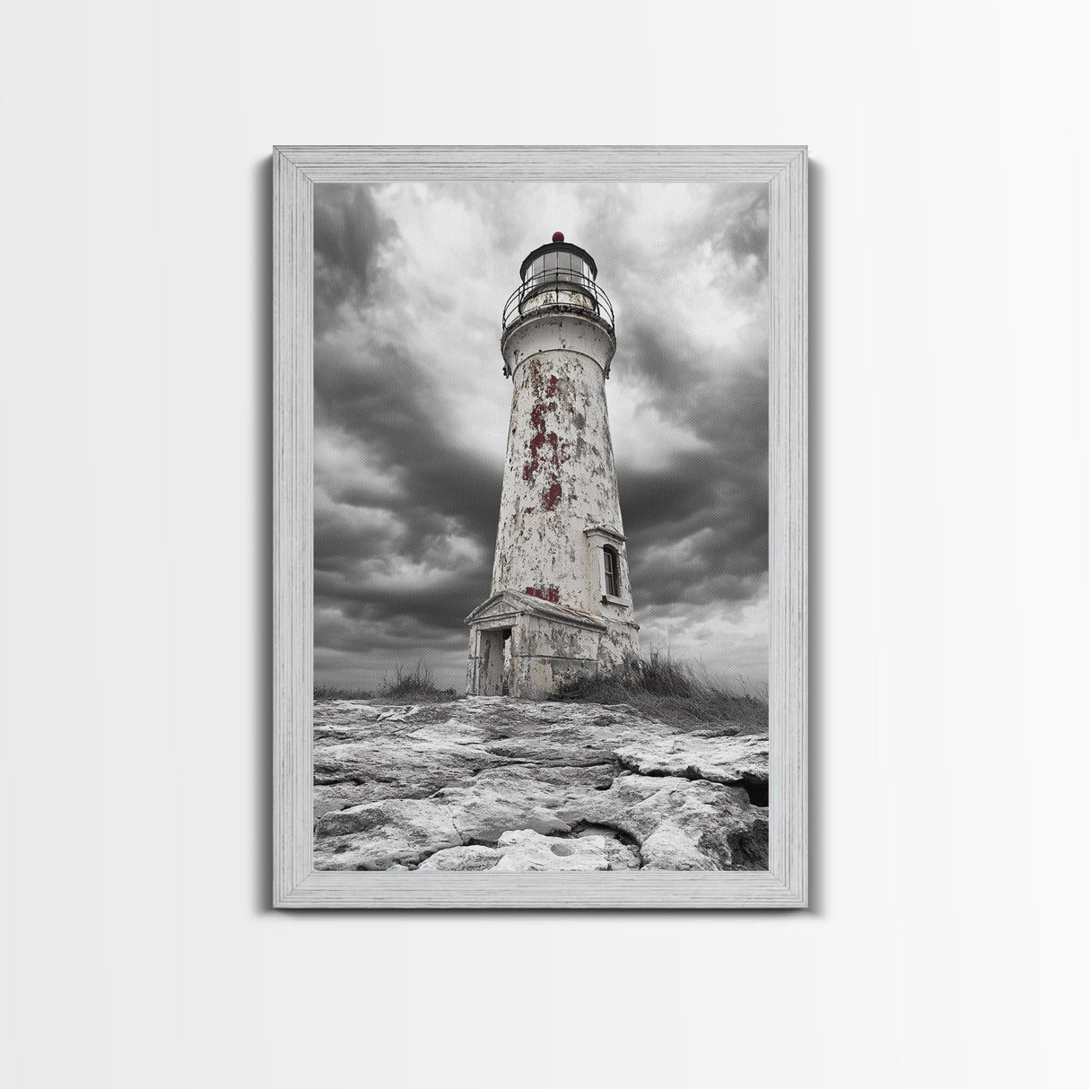 Rustic Lighthouse Shore, Weathered Tower Art, Stormy Coast Scene, Moody Seaside, Framed Canvas Print, nautical bathroom or den wall decor