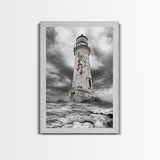 Rustic Lighthouse Shore, Weathered Tower Art, Stormy Coast Scene, Moody Seaside, Framed Canvas Print, nautical bathroom or den wall decor