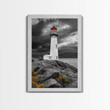 Red Beacon Lighthouse, Rocky Coast Light, Dramatic Storm Sky, Ocean Guide, Framed Canvas Print, nautical office wall art, bold coastal art