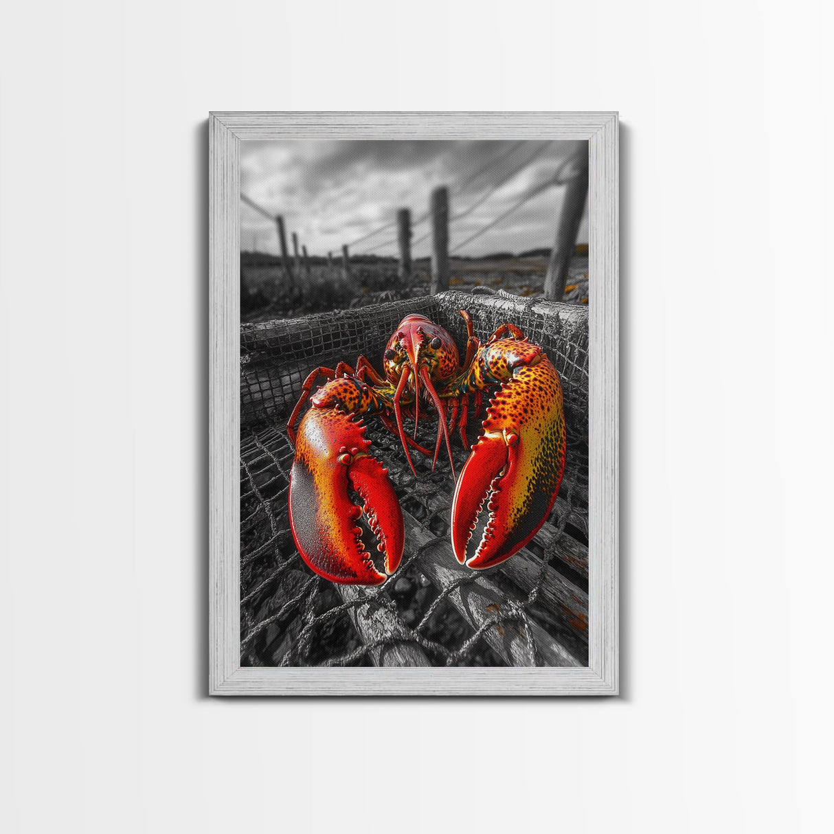 Lobster Trap, Coastal Catch, Bold Seafood, Nautical Framed Canvas Print, Kitchen Wall Art, Coastal New England Decor, Lobster Boho Art