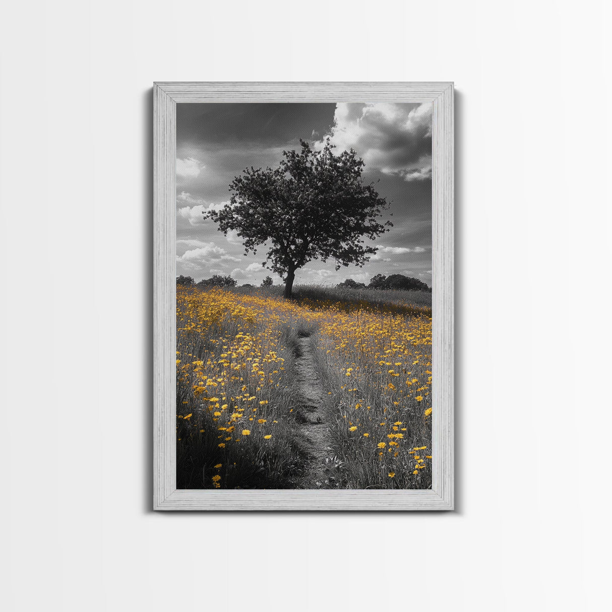 Yellow Meadow, Tree Path, Sunny Flowers, Autumn Framed Canvas Print, Field Landscape Wall Art, Nature Lover Decor, Boho Fall Vibes