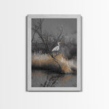 Egret Bird Scene, Autumn Riverbank, Wildlife Nature Print, Moody Wetland Landscape, Framed Canvas Print, Rustic Living Room Wall Art