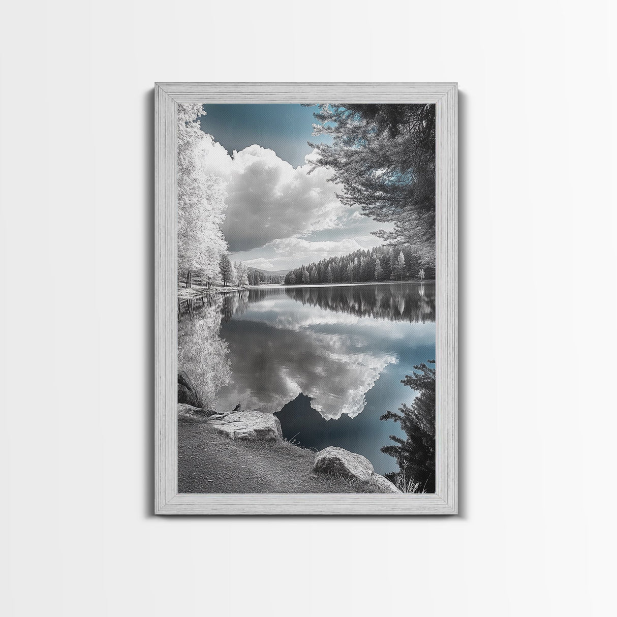 Mountain Lake Clouds, Serene Forest Reflection, Scenic Nature Photography, Framed Canvas Print, Bedroom Tranquility Wall Art