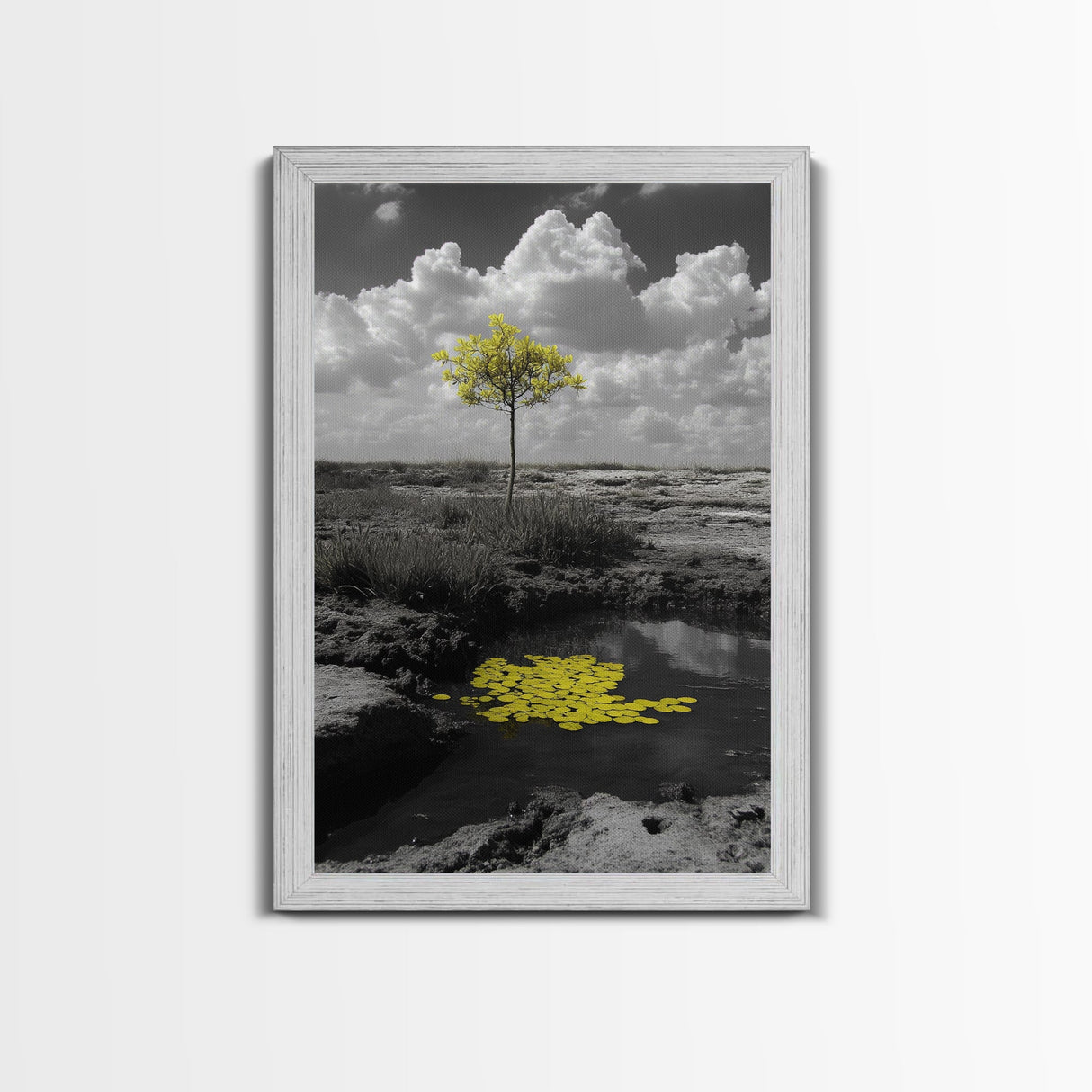 Solitary Tree, Desert Reflection, Yellow Leaves, Framed Canvas Print, Minimalist Wall Art, Bedroom Decor, Nature Fine Art Landscape