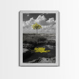 Solitary Tree, Desert Reflection, Yellow Leaves, Framed Canvas Print, Minimalist Wall Art, Bedroom Decor, Nature Fine Art Landscape