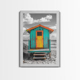 Colorful Beach Hut, Surf Shack, Coastal Cabin, Framed Canvas Print, Tropical Wall Art, Living Room Decor, Bright Summer Home Style