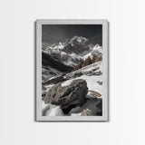 Snowy Alpine Scene, Winter Mountainscape, Nature Photography, Framed Canvas Print, Lodge Wall Art, Cabin Decor, Black and White Art