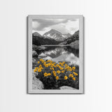 Yellow Wildflowers Lake, Alpine Meadow, Monochrome Landscape, Canvas Print, Kitchen Wall Art, Spring Nature Photography Decor