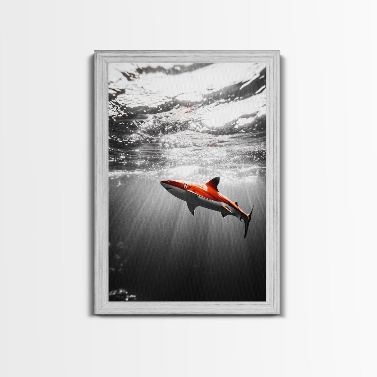 Red Shark, Underwater Scene, Ocean Light Rays, Color Contrast, Canvas Print, Modern Marine Art, Bathroom Wall Art, Nautical Style