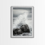 Ocean Splash, Rocky Coast, Dramatic Seascape, Monochrome Power, Framed Canvas Print, Coastal Wall Art, Entryway or Office Decor