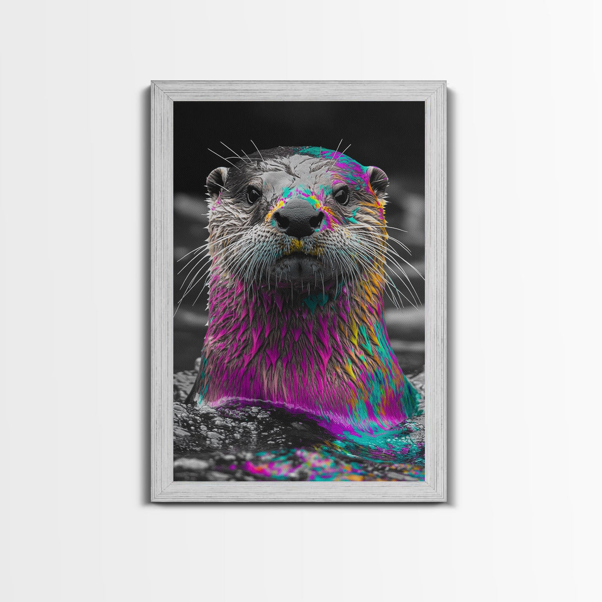 Colorful Otter, Vibrant Animal, Rainbow Fur, Framed Canvas Print, Kids Room Decor, Whimsical Wildlife Art, Playroom Wall Art, Bold Style