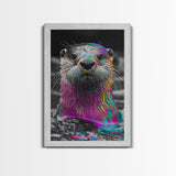 Colorful Otter, Vibrant Animal, Rainbow Fur, Framed Canvas Print, Kids Room Decor, Whimsical Wildlife Art, Playroom Wall Art, Bold Style