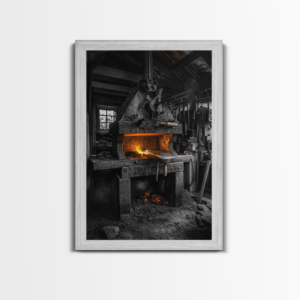 Forge Fire, Rustic Workshop, Industrial Heat, Metal Craft, Framed Canvas Print blacksmith decor, man cave wall art, moody workshop vibe