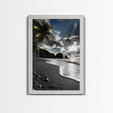 Sunset Beach, Rocky Coast, Dramatic Sky, Bold Light, Framed Canvas Print tropical sunset wall art, beach photography, bathroom decor