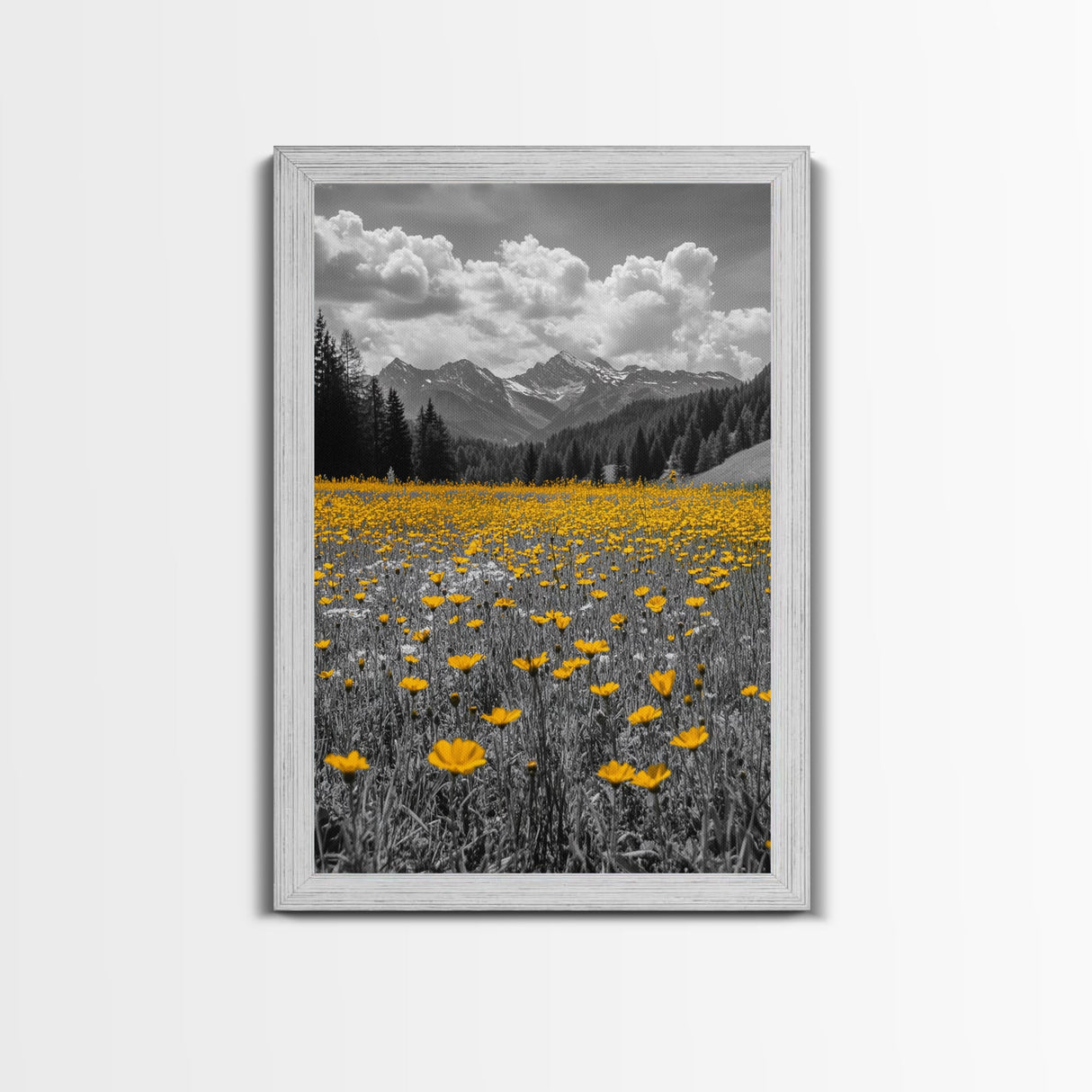 Yellow Wildflowers, Mountain Field, Blooming Meadow, Framed Canvas Print, Nature Photography, Rustic Decor, Dining Room Wall Art