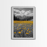Yellow Wildflowers, Mountain Field, Blooming Meadow, Framed Canvas Print, Nature Photography, Rustic Decor, Dining Room Wall Art
