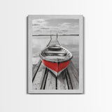 Red Rowboat, Dock Stillness, Minimalist Lake Scene, Canvas Print, Nautical Wall Art, Bathroom Decor, Tranquil Seascape, Coastal Aesthetic