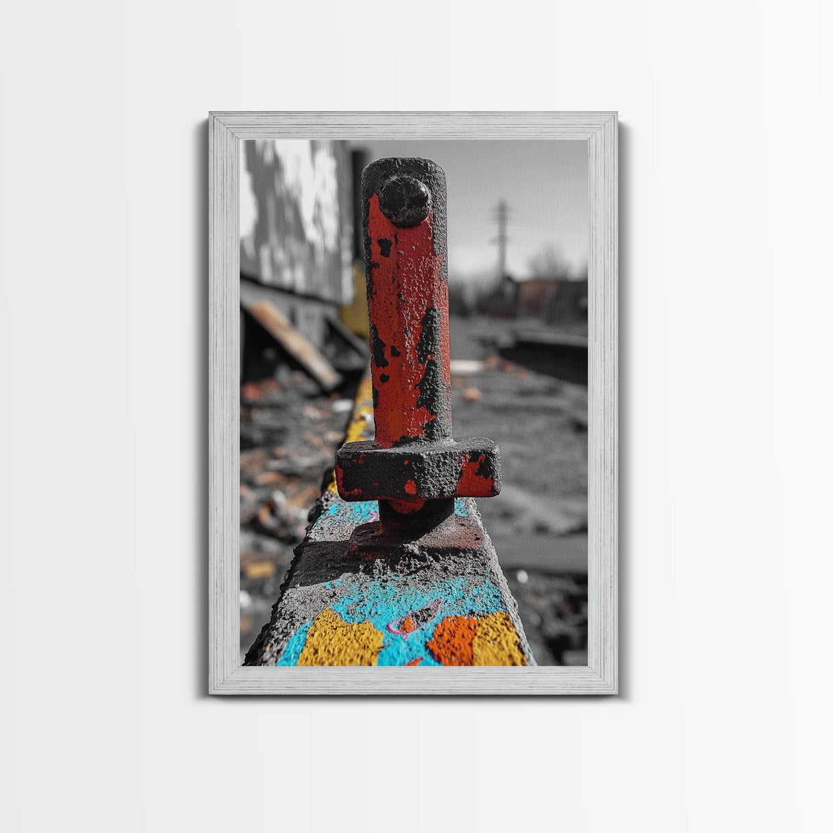 Red Peg, Graffiti Steel, Urban Rust Texture, Canvas Print, Industrial Wall Art, Modern Loft Decor, Urban Decay Photography