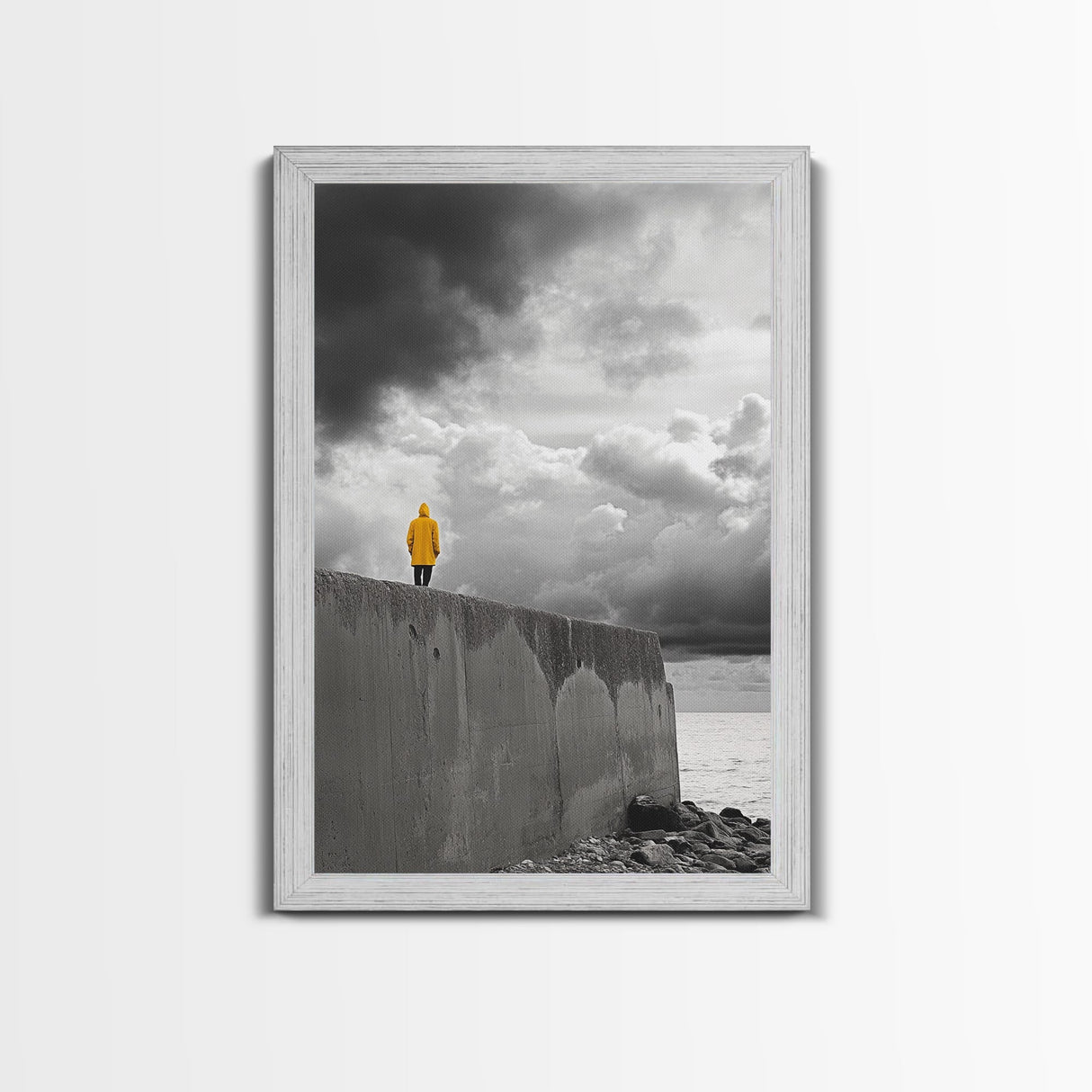 Yellow Raincoat, Ocean Storm, Moody Skies, Framed Canvas Print, Minimalist Wall Art, Coastal Entryway Decor, Contemplative Scene