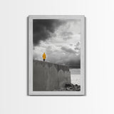 Yellow Raincoat, Ocean Storm, Moody Skies, Framed Canvas Print, Minimalist Wall Art, Coastal Entryway Decor, Contemplative Scene